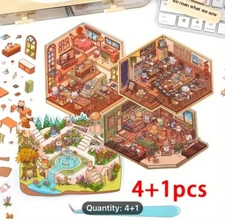 4pcs 3D Street Corner Park, Coffee Shop, Bakery, Conveyor Belt Sushi Restaura...