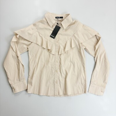 NASTY GAL Prairie Tie Neck Ruffled Shirt SZ 4 NWT Y2K Button Up Rodeo Chic Stone