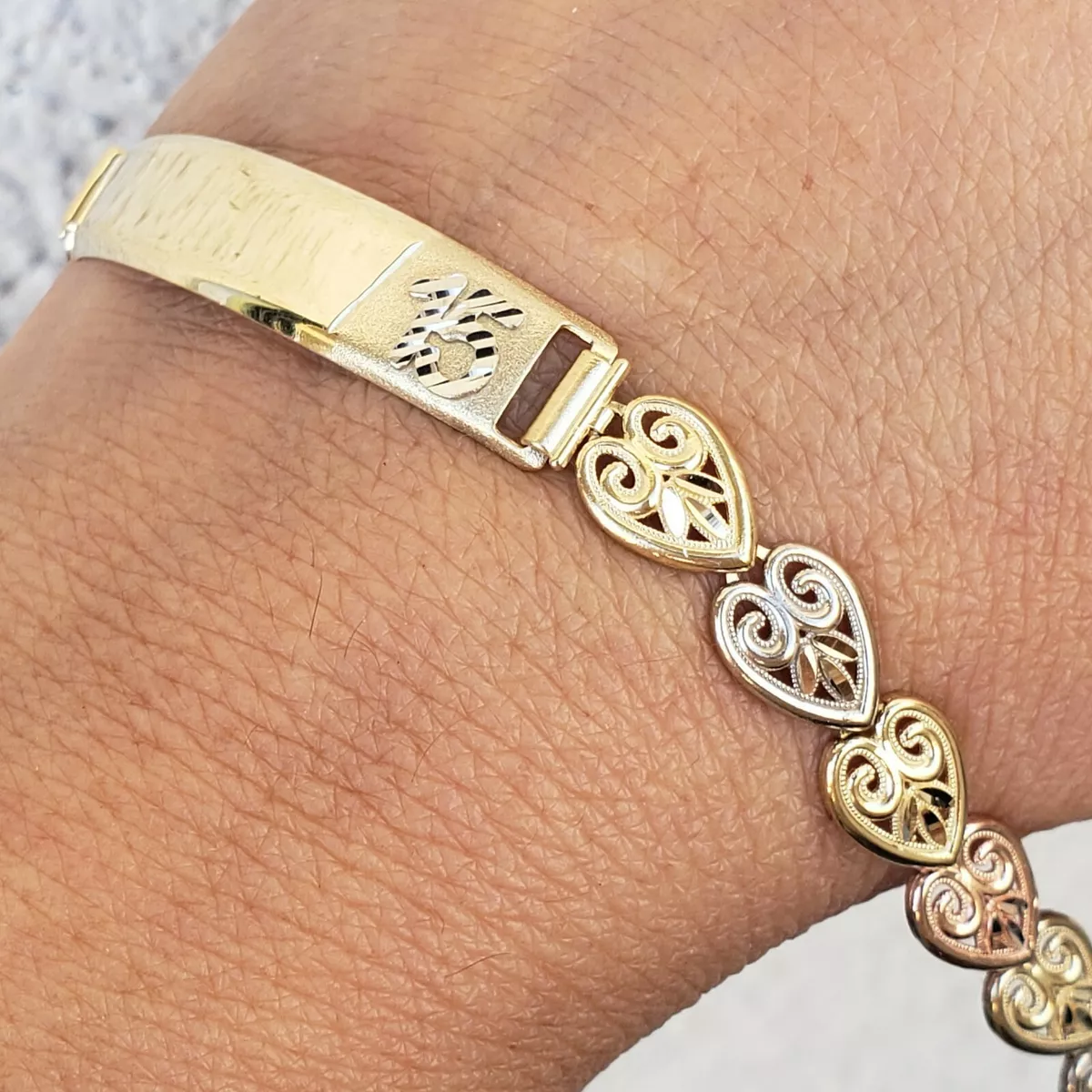 Solid 14k Yellow white rose Gold hearts link quinceanera 15 anos ID Bracelet 7