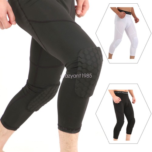 Sports Basketball Pants with Hex Knee Pads 3/4 Capri Padded Compression Tights - Picture 2 of 8