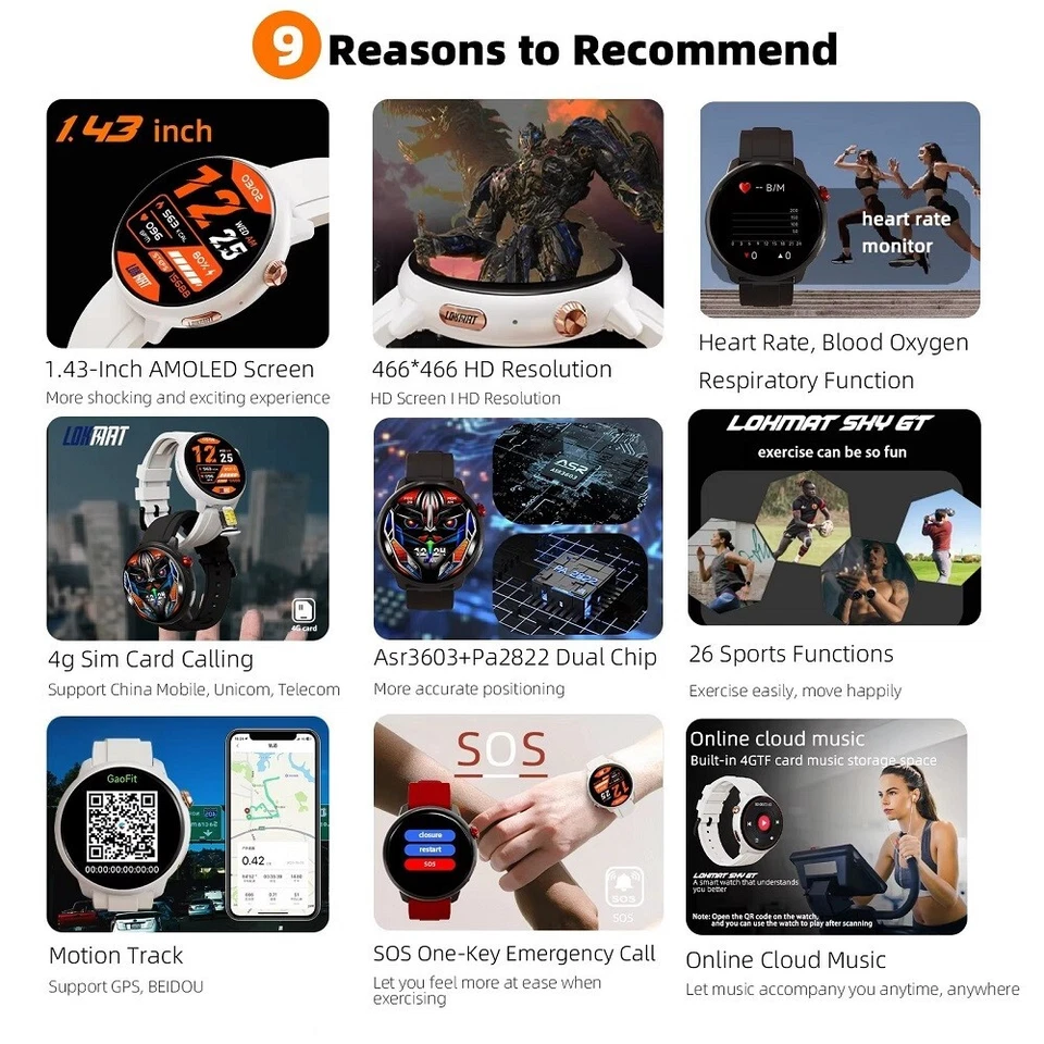 LOKMAT SKY GT 4G Smartwatch 1,43" Gesundheitsüberwachung SOS GPS Fitness Tracker - Bild 3 von 4