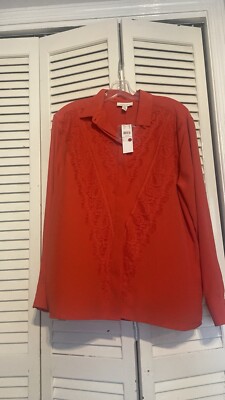 NWT TOPSHOP Red Lace Panel Stylist Long Sleeve Button Down Blouse US size: 8