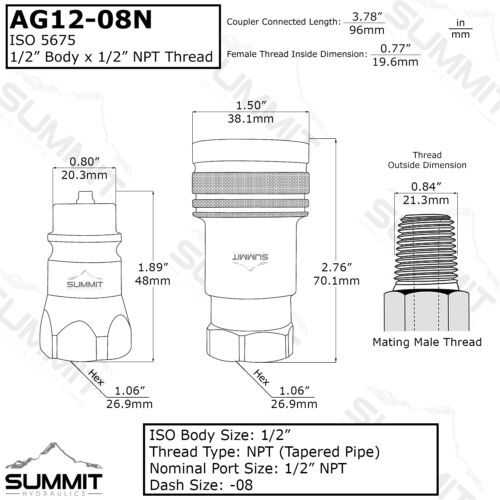 1/2′′ Ag ISO 5675 Hydraulische Schnellkupplung Stecker, Tellerventil, 1/2′′ NPT - Bild 2 von 4