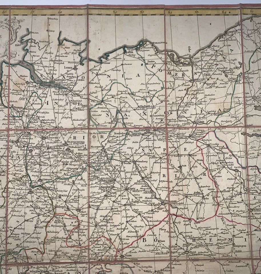 1786, MAPA POSTAL ALEMÁN, por HOMANN HEREDEROS, MONTAJE DE TELA ROJA Y ESTUCHE JASPEADO 38 x 30 Foto 4 de 4