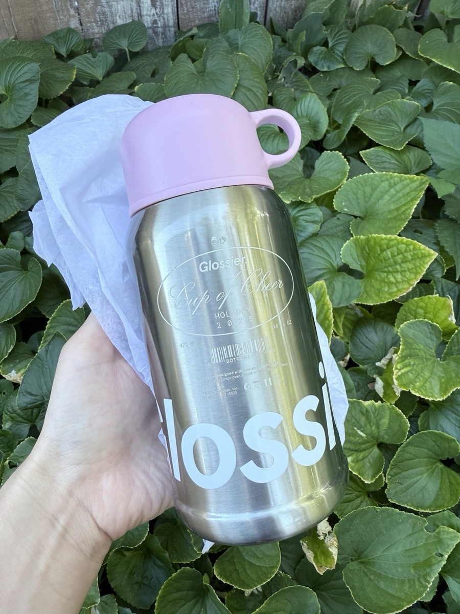 Glossier 💋 Classic Steel & Pink Tumbler Bottle Thermos 16 oz Holiday + Dust Bag