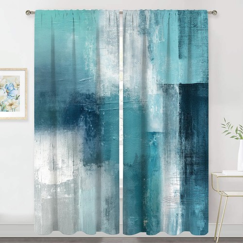 Turquoise and Grey Abstract Curtains 52W x 84H Rod Pocket Blue Teal Gray Art ...