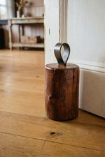Antique Stained Elm Door Stop With Leather Pull Handle. Anti-slip Rubber Base.
