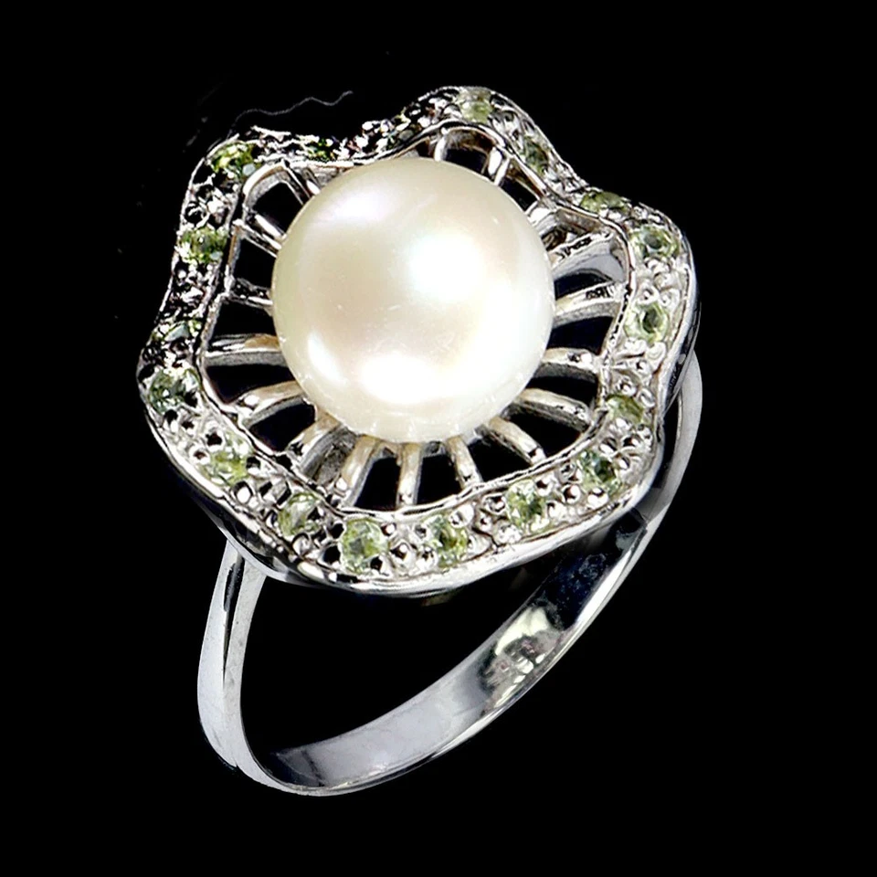925 Sterling Silver Ring Round Peridot Pearl Natural Gemstone Jewelry Flower Sz  - Image 2 of 4
