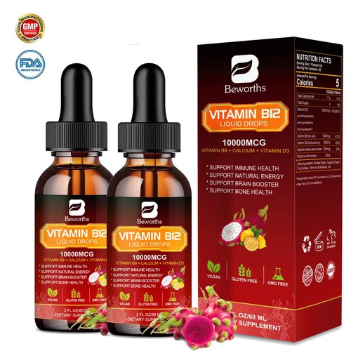 2Bottles Vitamin B12 Drops 10000mcg - Energy, Nerve & Immune Support,2 fl oz - Bild 1 von 9