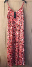 Boohoo Women's Long Dress Red Animal Print Slits on Legs Size 12 (LW01)