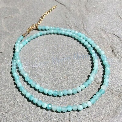 Mini 3mm Natural Blue Amazonite Faceted Gemstone Round Beads Necklace 14-28''
