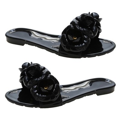 Women Elegant Slide Sandals Flower Appliques Slippers Summer Round Toe Flat Shoe