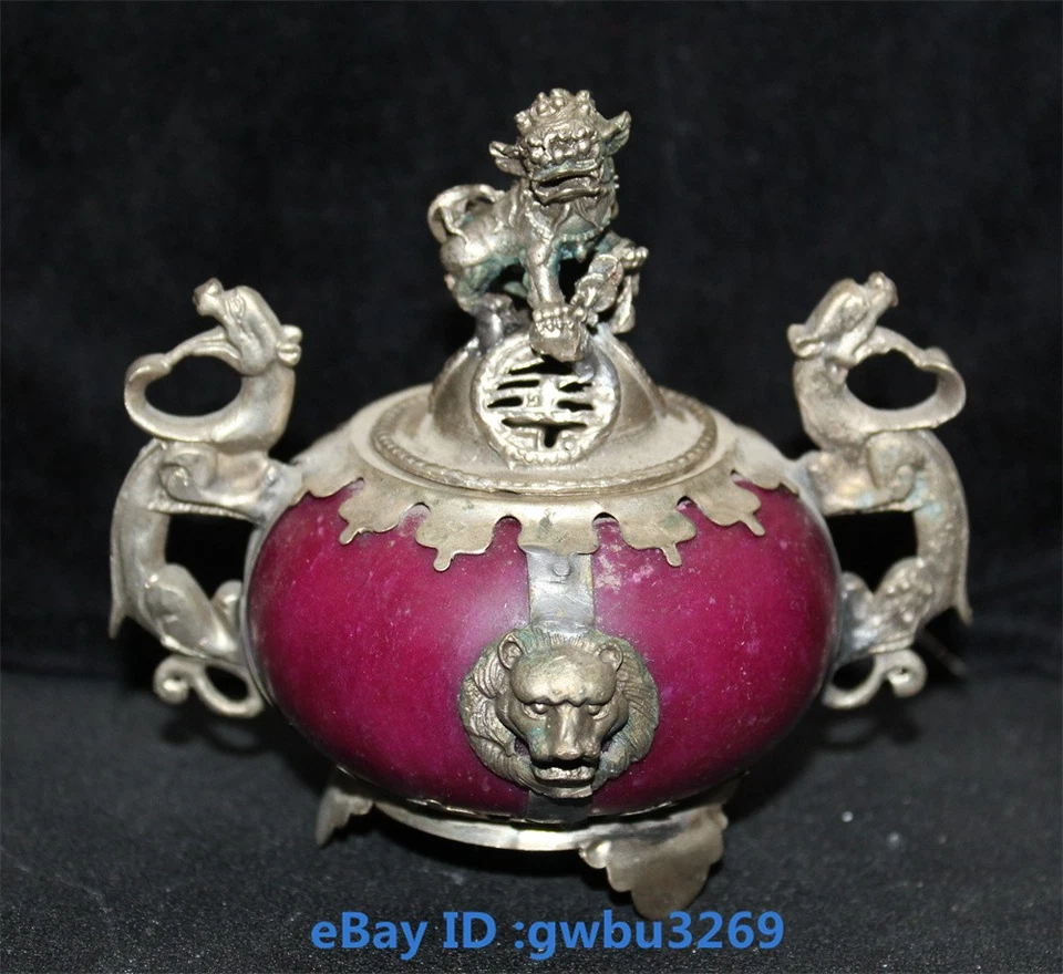 КИТАЙСКИЙ СТАРЫЙ ТИБЕТСКИЙ СЕРЕБРЯНЫЙ ДРАКОН ИНКРУСТАЦИЯ НЕФРИТ РУЧНАЯ РЕЗЬБА ЛЕВ БЛАГОВОНИЯ BURNE 23566 - Изображение 3 из 4