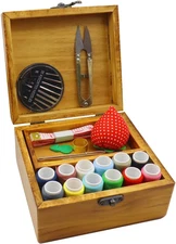 All-in-One Wooden Sewing Kit with Threads Scissors Travel Repair Tools Gift Box