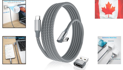 Câble tressé 10FT USB-C vers USB-C 100W avec angle droit et adaptateur - Charge rapide - Photo 2 sur 10