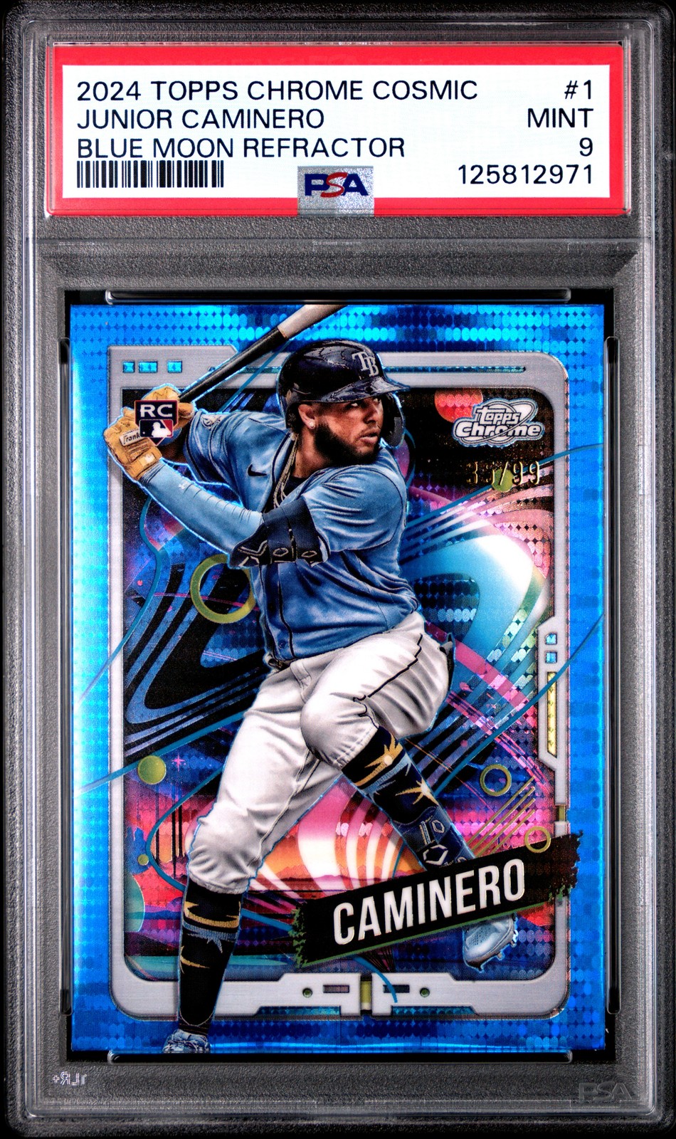 2024 TOPPS COSMIC CHROME BLUE MOON REFRACTOR #1 JUNIOR CAMINERO 35/99 PSA 9