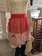 Vintage Sheer Red Half Apron with Lace Little Bows EUC