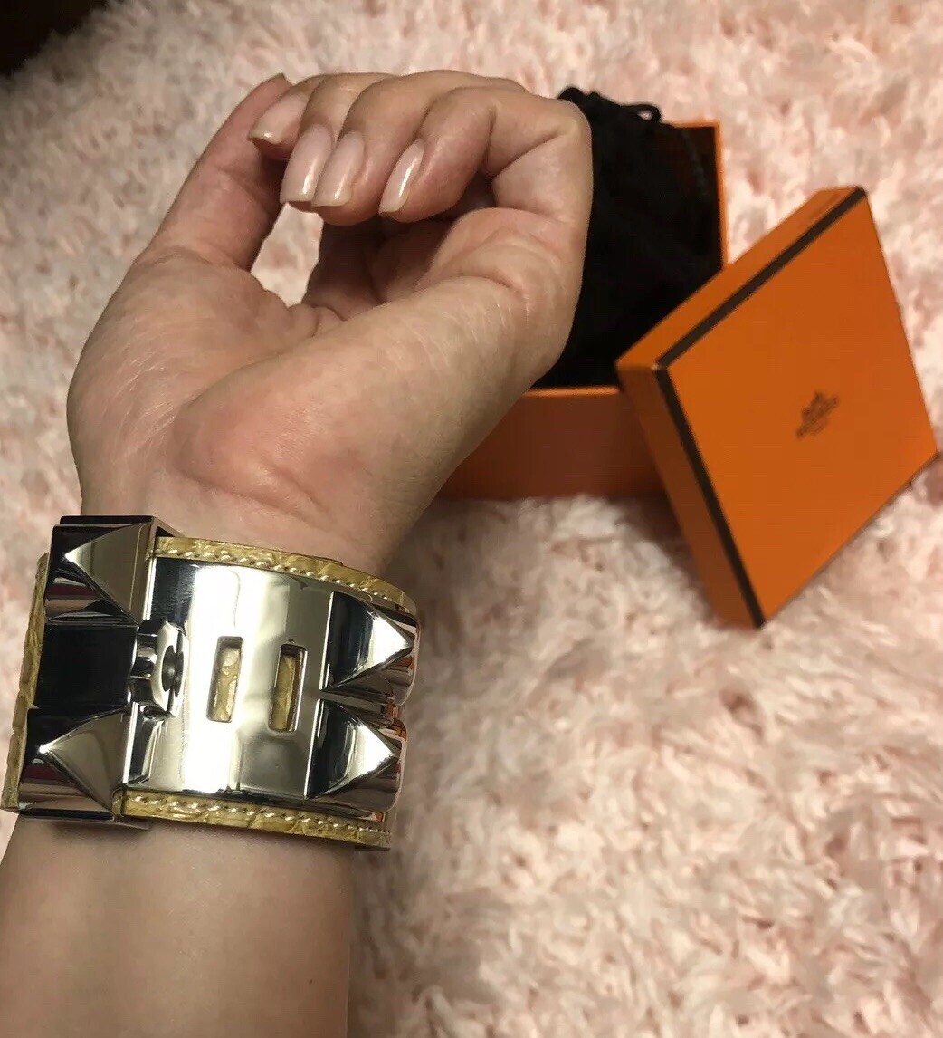 HERMES Bracelet Collier de Chien Cuff Alligator/Box/Pouch