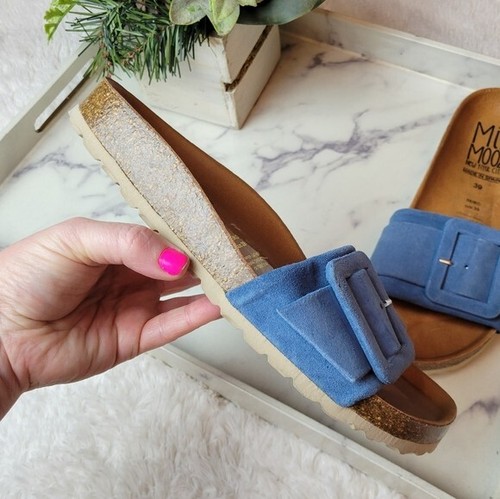 Miz Mooz NWOT Women's Size 39 (8.5/9) Reiko Blue Leather Buckle Slide Sandal - Picture 3 of 12