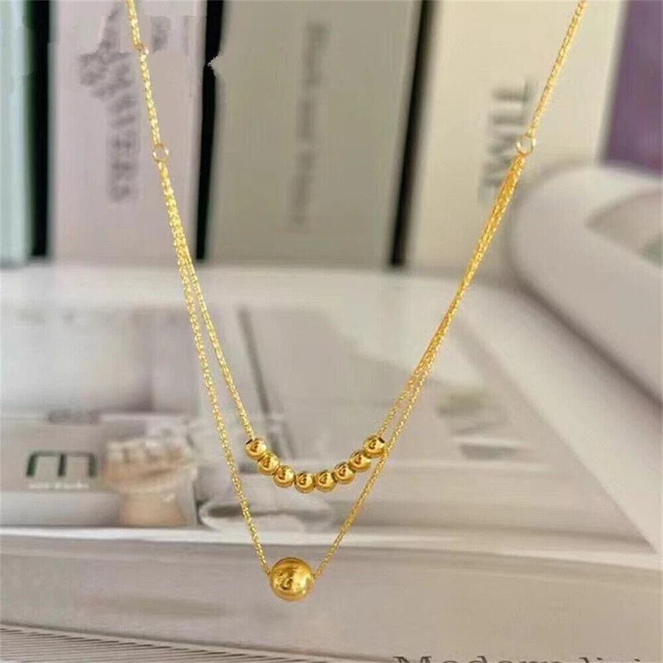 Collar de eslabones de trigo con cadena de oro amarillo puro de 18 quilates con cuentas de la suerte para mujer 0,8-1 g 17-18 pulgadas Foto 3 de 4