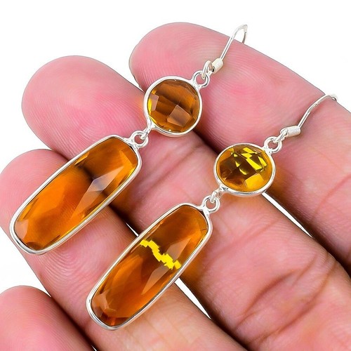 Citrine Treated Stone 925 Silver Hook Dangle Drop Sister Trendy Earrings Jewelry - Picture 3 of 7