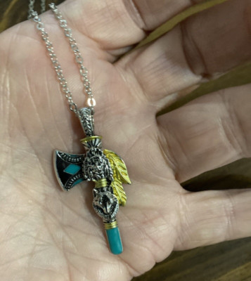 Ax Wolf Head Turquoise Hatchet Tomahawk Native American Jewelry Pendant Necklace