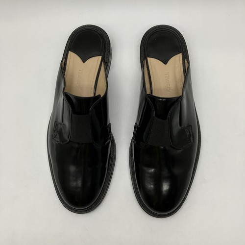 Women's THEORY shiny black leather flat clogs w elastic closure size 39 EU 8 US - Picture 2 of 11
