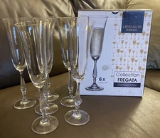NIB Crystalite Bohemia Czech Fregata Champagne Flute Set of 6-6oz/190ml