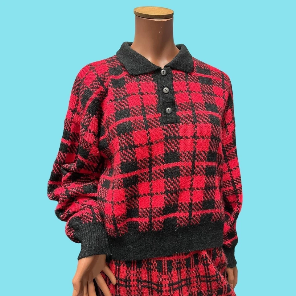 Vtg 80's Pullover Rock Set M 12-14 Co-Ord Outfit Süß Rot Schwarz Kariert Retro - Bild 3 von 4