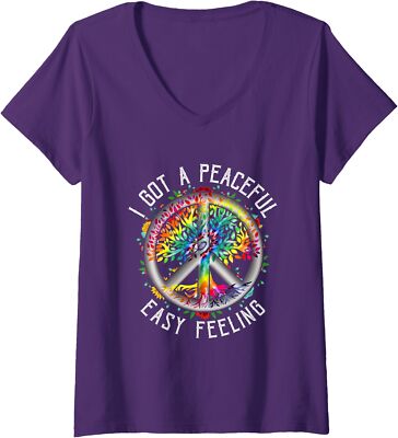 I Got Peaceful Easy-Feeling Tie Dye Hippie 1960s Ladies' V-Neck Tshirt