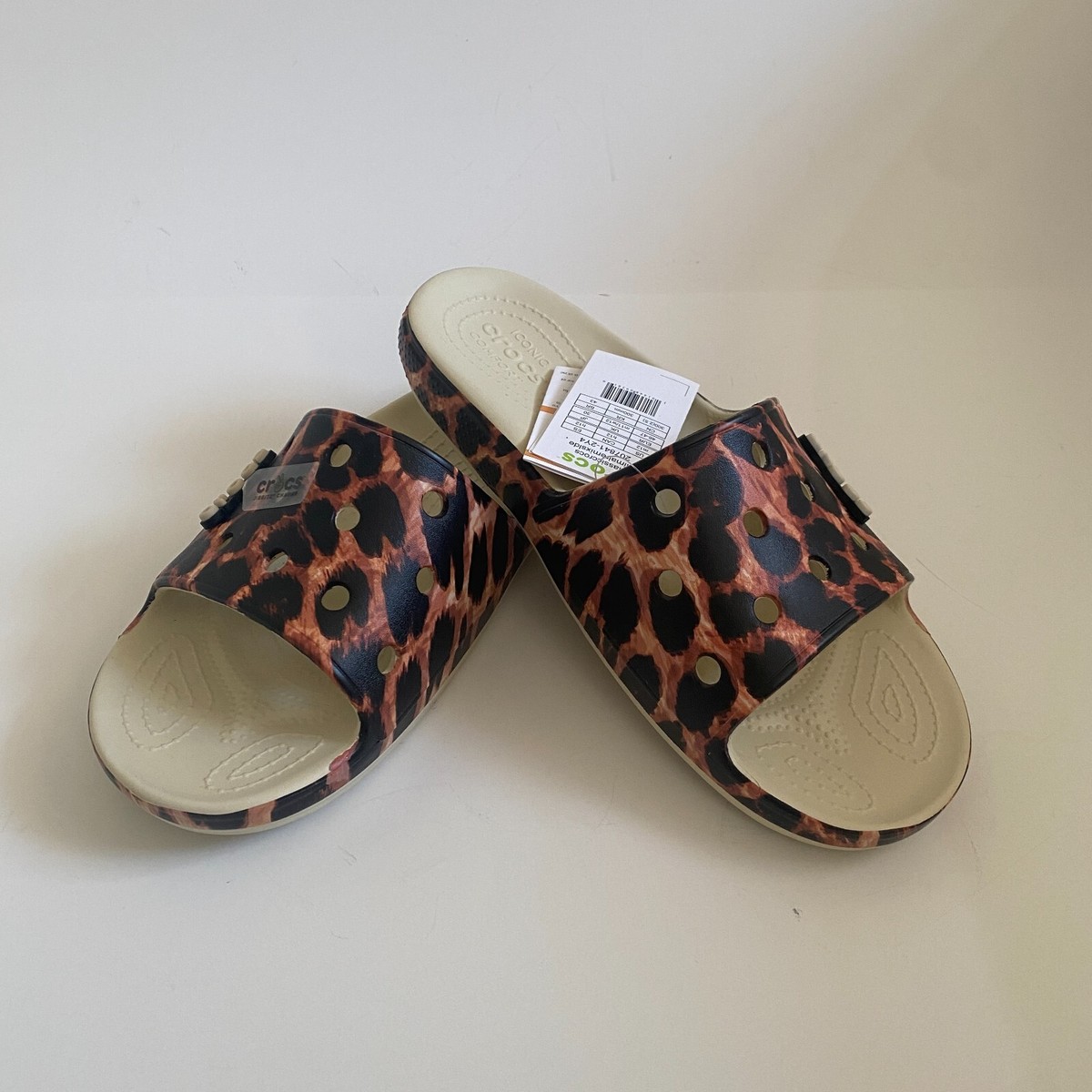 Crocs Women's Leopard Print Croc Slides Croc Effect Black And