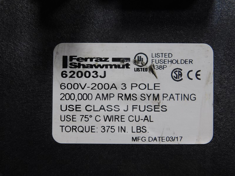 USED Ferraz Shawmut 62003J Fuse Block 600V 200A 3Pole 200kA RMS Sym ...