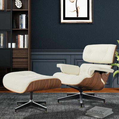 Walnut Cream Eams Lounge Chair and Ottoman Set Top Grain Leather Armchair