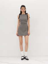 NWT CIDER Round Neckline Gingham Bowknot Ruched Mini Dress