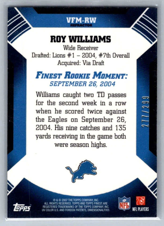 2007 Finest Moments Blue Refractors  Roy Williams VFM-RW 277/299 - Image 2 of 2