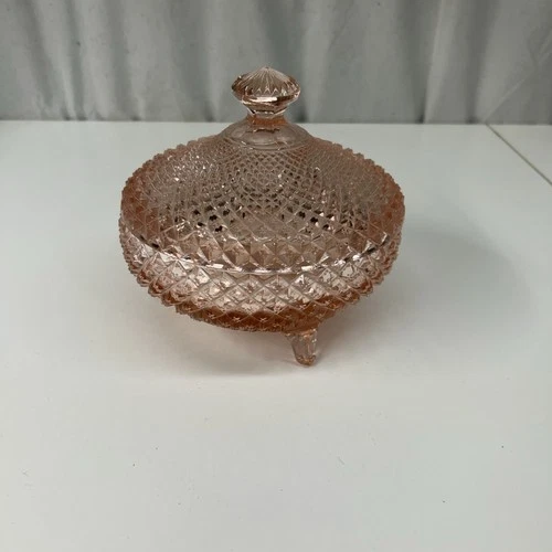 VTG English Hobnail Pink Depression Glass Covered Candy Dish Footed