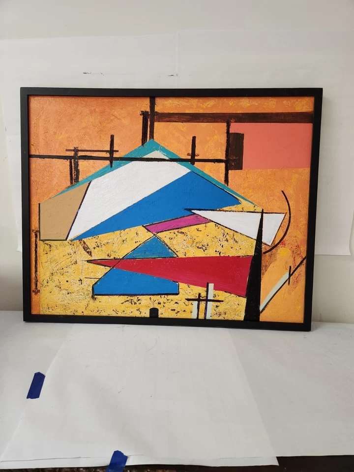 Pintura mixta figurativa cubista abstracta vintage arte moderno de mediados de siglo  Foto 3 de 4