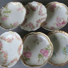 6 Asst Antique HAVILAND Porcelain Butter Pats PINK ROSE Swags Cherry Blossoms +
