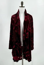 Citron Santa Monica Burgundy Velvet Silk Blend Open Cardigan Sz S