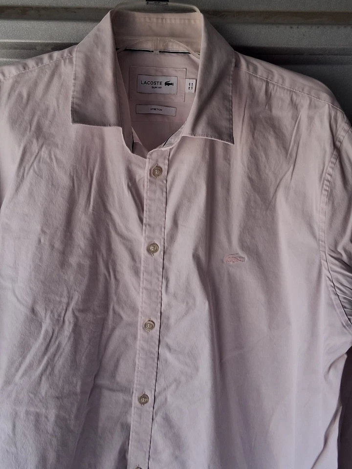Camisa Lacoste Manga Larga Calce Ajustado Con Botones Talla 18 Rosa Logo Preppy Elastizada Foto 3 de 4