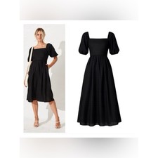 Boden Sky Smocked 100% Linen Midi Dress Size 8 Milkmaid Cottage Euro Summer New