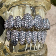 Grillz Set Silver Tone 8 Top Eight Bottom Iced CZ Bling Out "Custom-Look" Teeth