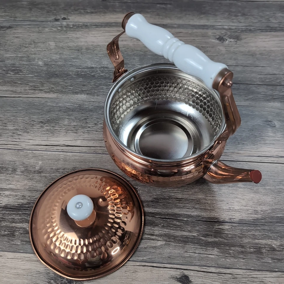 Vintage Style Hammered Copper Tea Kettle with White Porcelain Handle and Knob - Image 3 of 4