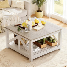 31.5 Inch Square Coffee Table with Open Bottom Shelf for Living Room,Gray and Wh