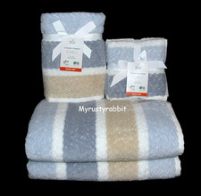 CARO Blue Beige Stripes Bathroom Towel Set 100 Cotton 2Bath 2Hand 4Wash - NEW