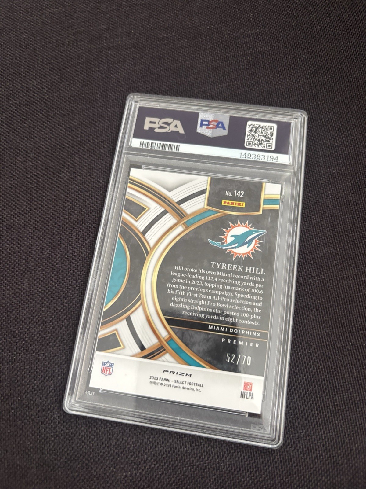 2023 Panini Sel- Premier Level Tyreek Hill #142 Dragon Scale Prizm /70 PSA 10 💎 view 2