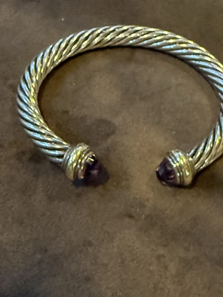 Brazalete David Yurman Plata de Ley 7mm Amatista y Oro 14K Cable Foto 3 de 4