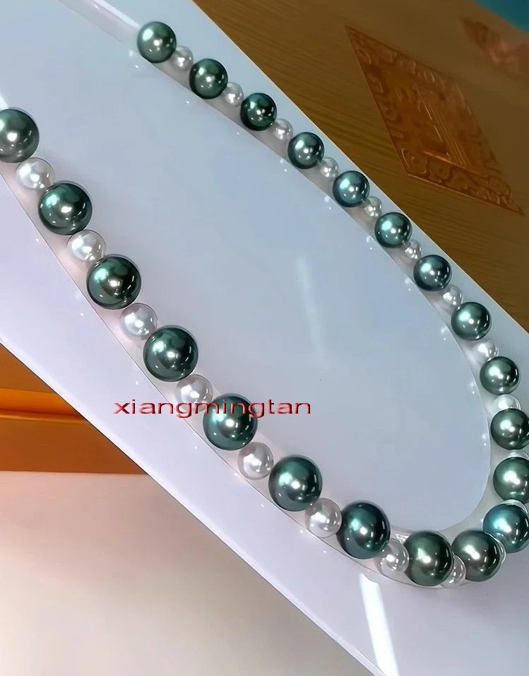 AAAAA 18 «10-11 мм реальный натуральный таитянский черный 9-10 мм белый жемчуг ожерелье 14K - Изображение 2 из 4