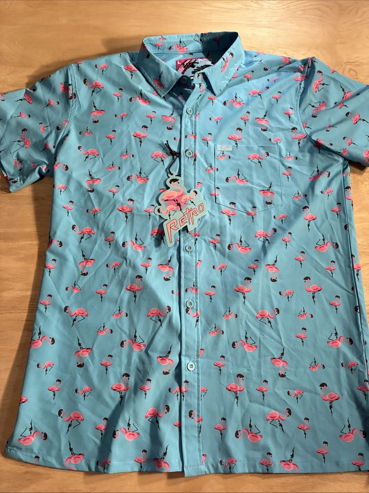 Retro Rifle Shirt Mens Large Blue Pink Button Down Tactimingo AOP Print Flamingo