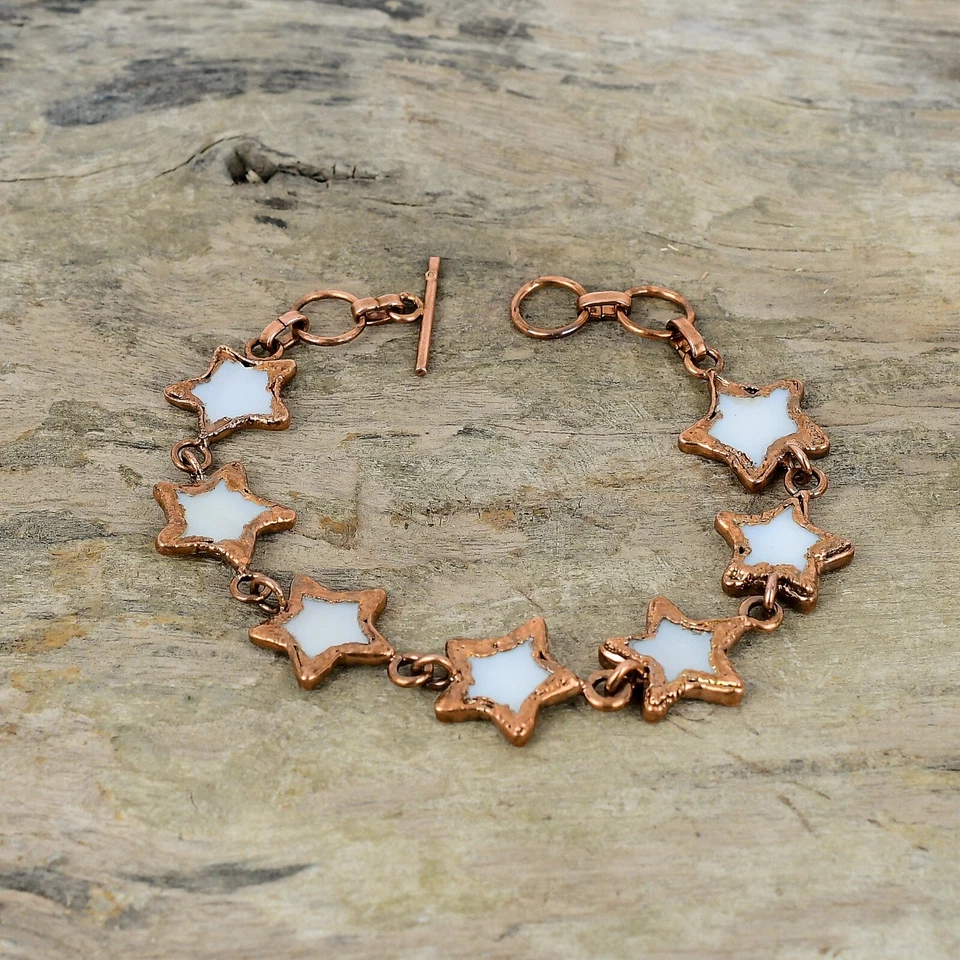 Brazalete de cobre Pentágono madreperla piedras preciosas electroformadas y cadena estrella Foto 4 de 4